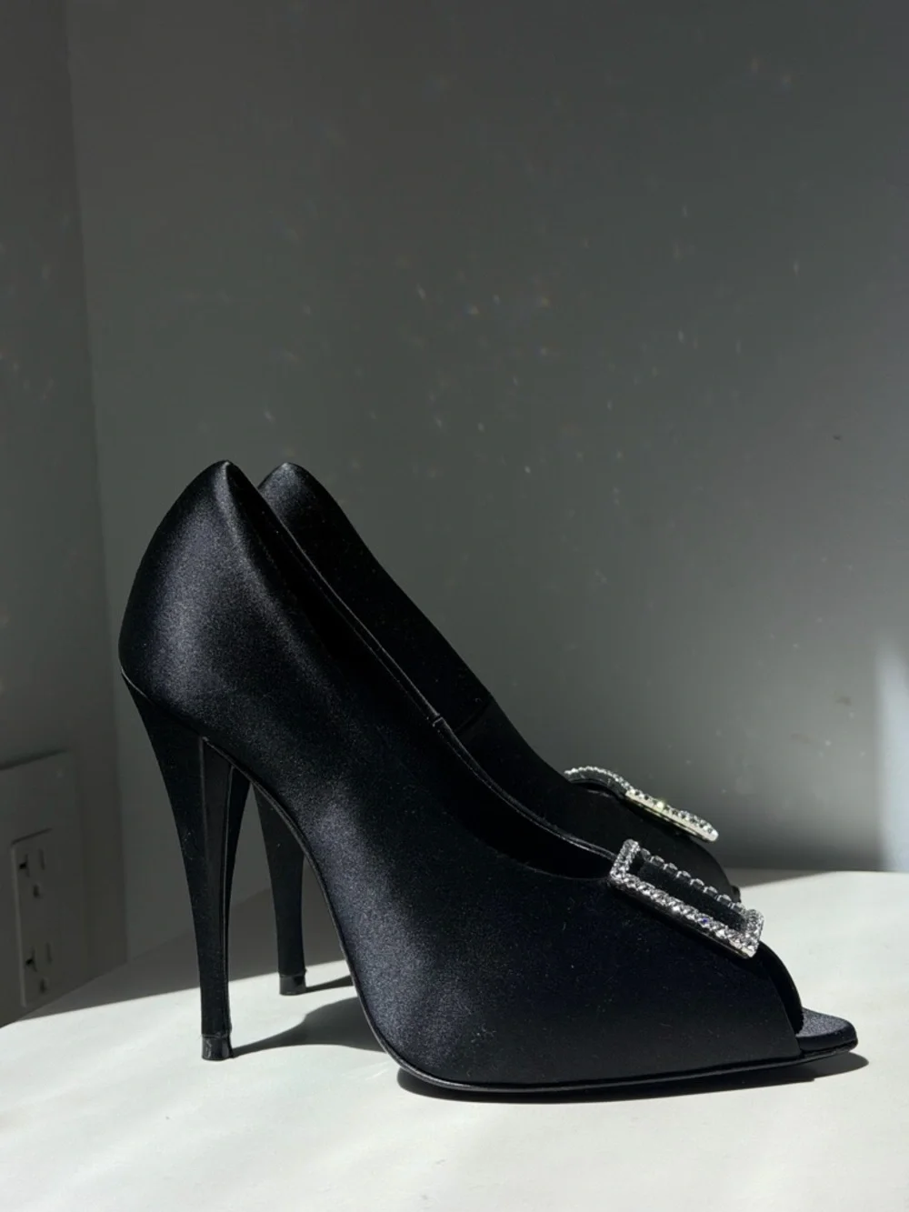 Saint Laurent Black Satin Peep-Toe Pumps with Crystal Buckle Accent - Picture 5 of 10